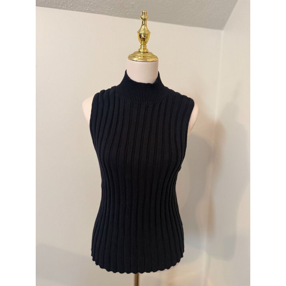 Laundry by Shelli Segal Black Ribbed Mock Neck Open Back Knit Top M Y2K